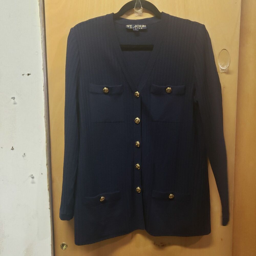 St. John Basics Women’s Gold/Blue Tone button Front Navy Cardigan Pockets Sz 8